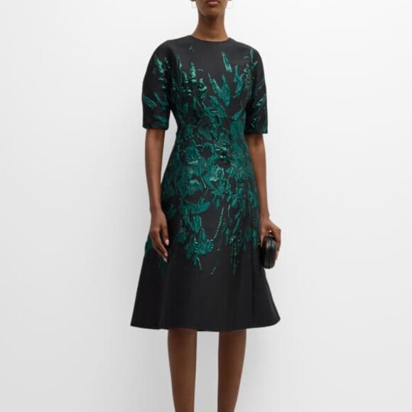 rickie freeman for teri jon blouson-sleeve metallic jacquard midi dress Rickie Freeman for Teri Jon Blouson-Sleeve Metallic Jacquard Midi Dress